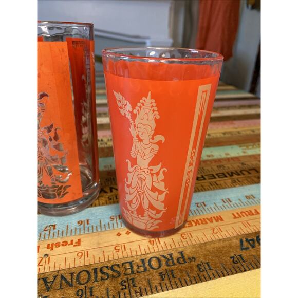 Thai Goddess Glass Mid Century Modern Retro Bar Set of 5 Asian MCM Red Some Wear - Picture 6 of 12